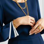 A professional woman, fully clothed in a modest, elegant navy blue blouse and tailored trousers, standing in a well-lit, contemporary studio. She is wearing a striking, intricate gold-tone statement necklace and vibrant, oversized tassel earrings. Her hands, with perfect anatomy and proper finger count, are naturally posed to subtly showcase a curated stack of slender gold rings alongside one or two rings with unique designs, and her wrists display a thoughtful combination of a classic watch, delicate chain bracelets, and a sleek cuff. The overall image captures sophisticated style, with correct proportions and natural body proportions. safe for work, appropriate content, fully clothed, professional, high-quality, studio lighting, soft focus background.