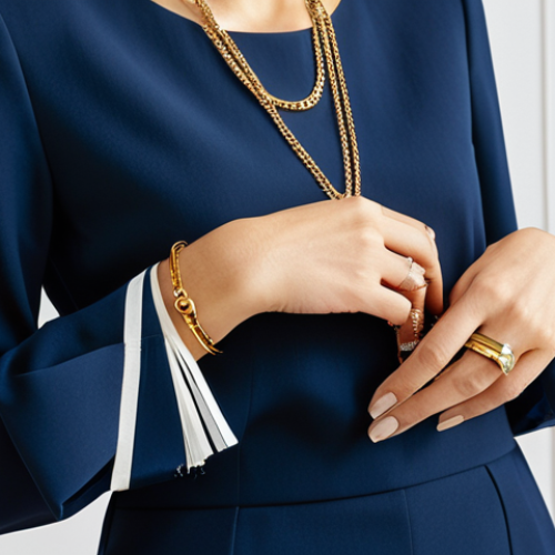 Home 6 A professional woman, fully clothed in a modest, elegant navy blue blouse and tailored trousers, standing in a well-lit, contemporary studio. She is wearing a striking, intricate gold-tone statement necklace and vibrant, oversized tassel earrings. Her hands, with perfect anatomy and proper finger count, are naturally posed to subtly showcase a curated stack of slender gold rings alongside one or two rings with unique designs, and her wrists display a thoughtful combination of a classic watch, delicate chain bracelets, and a sleek cuff. The overall image captures sophisticated style, with correct proportions and natural body proportions. safe for work, appropriate content, fully clothed, professional, high-quality, studio lighting, soft focus background.